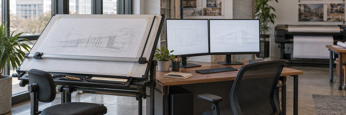 The studio of a small architecture and engineering practice: an adjustable drafting table with a hand drawing taped to it and a parallel rule, immediately beside a dual-monitor workstation on a desk, with a large-format plotter out of focus behind.