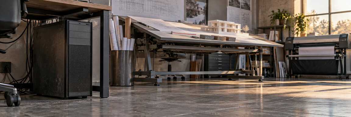 A workstation tower on the floor beside a desk in an architecture studio, with a drafting table, rolled drawings, a study model and a large-format plotter beyond it.