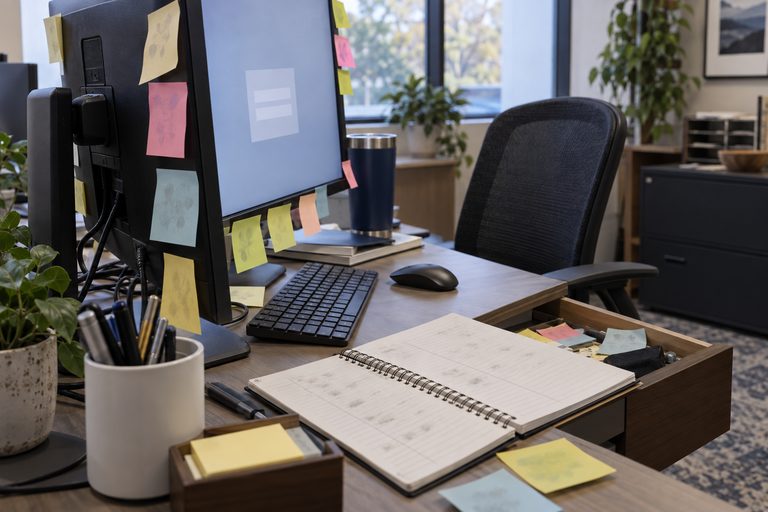 A monitor with its bezel ringed in coloured sticky notes, an open ruled notebook filled in by hand beside the keyboard, and a desk drawer half open with more loose notes in it.
