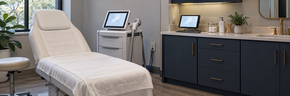 A med spa treatment room between appointments: a clean empty treatment chair, a device cart with a handpiece in its cradle and a small screen showing indistinct shapes, and a tablet on a stand on the counter behind.