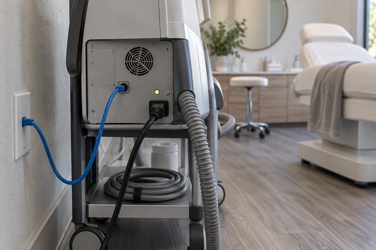 The rear panel of a clinical device on a cart, with a blue network cable plugged into it and running to a faceplate on the wall alongside its power lead and a coiled service hose.