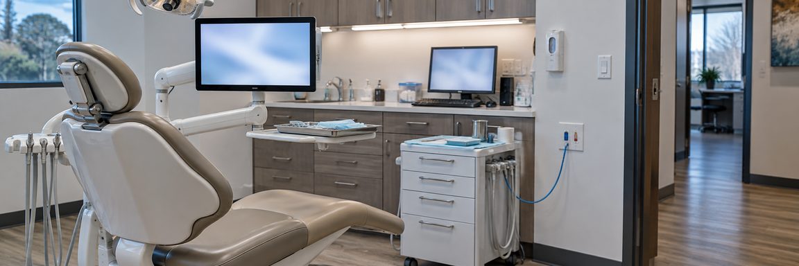 A dental operatory between patients: an empty chair, an arm-mounted monitor showing indistinct pale shapes, a rolling instrument cabinet, and a network faceplate with a cable running down the wall.