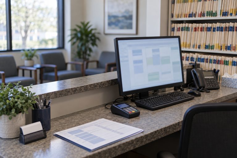 The check-in desk of a small practice: a monitor showing an indistinct schedule grid, a card reader, a printed day sheet on the counter and a wall of colour-tabbed chart folders behind.