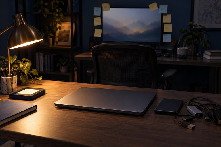 A single closed laptop on an otherwise cleared desk under a lamp, with an external drive and a tangle of adapters beside it, the chair pushed in and a ring of handwritten sticky notes on the dim monitor behind.