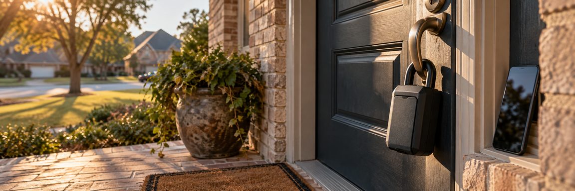 A lockbox hanging on the handle of a suburban front door in late afternoon sun, with a phone propped on the door frame beside it and an empty porch behind.