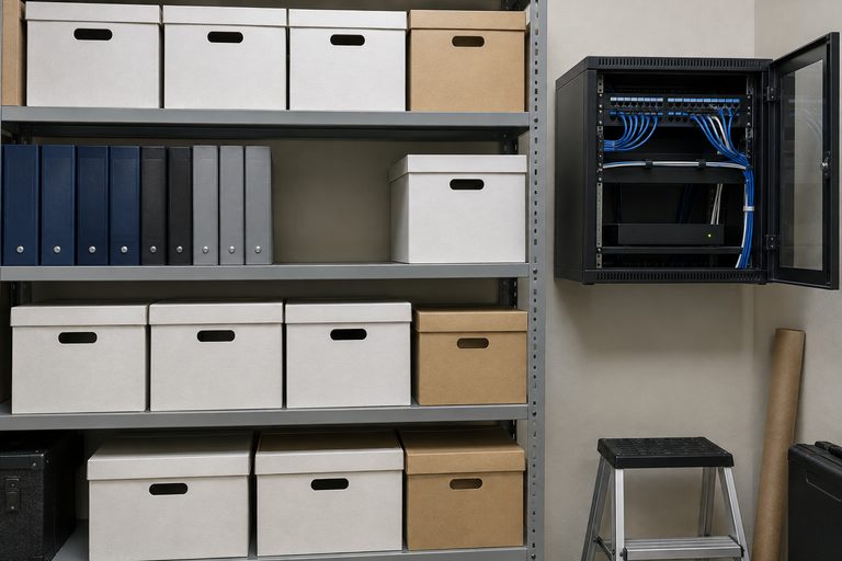 A small firm's records room: shelves of unlabelled archive boxes and binders with one obvious gap, and a wall-mounted network cabinet standing open beside them showing a patch panel and dressed cables.