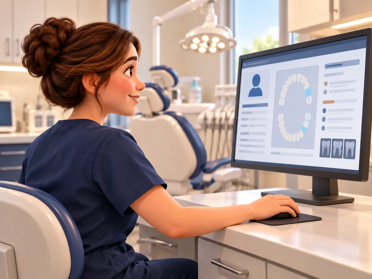 Illustration of a dental assistant opening a patient chart at an operatory workstation