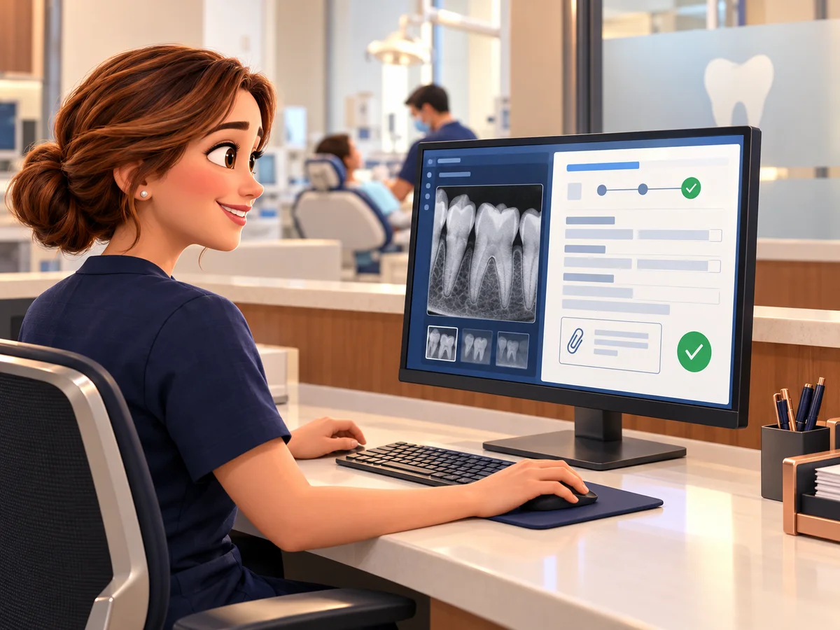Illustration of a dental billing coordinator attaching an X-ray to a claim