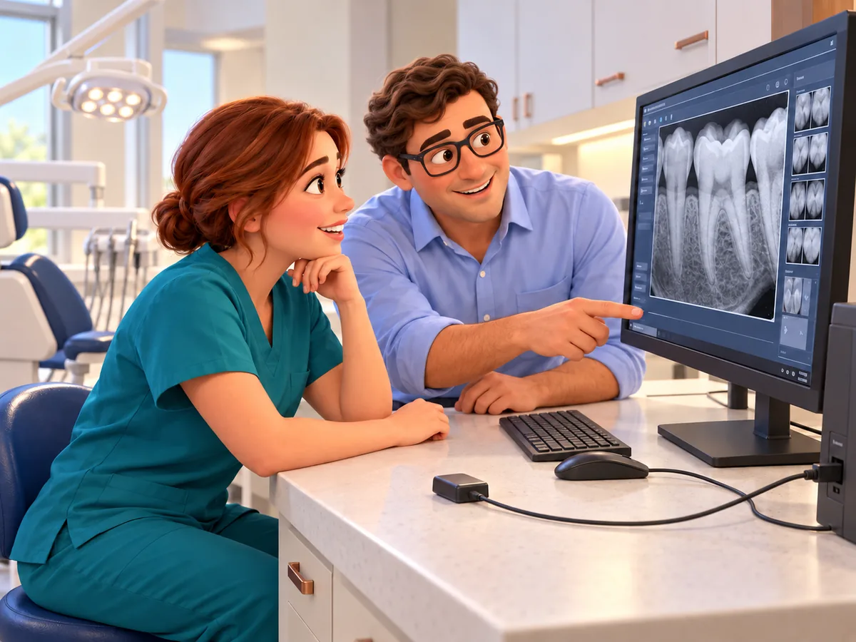Illustration of a technician and dental clinician checking an X-ray and connected imaging sensor