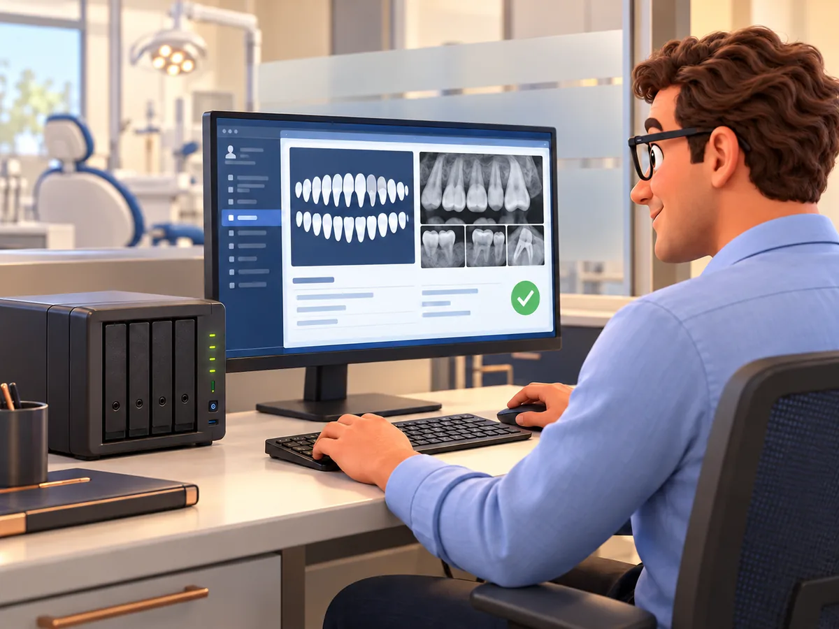 Illustration of a technician verifying restored patient records and dental images beside backup storage