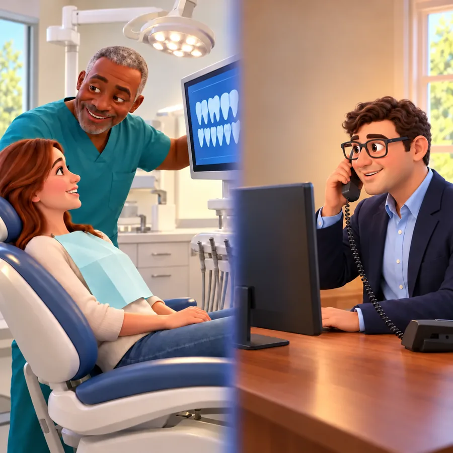 A dentist smiles at a patient beside a monitor showing teeth while Trevor talks on a desk phone beside his computer.