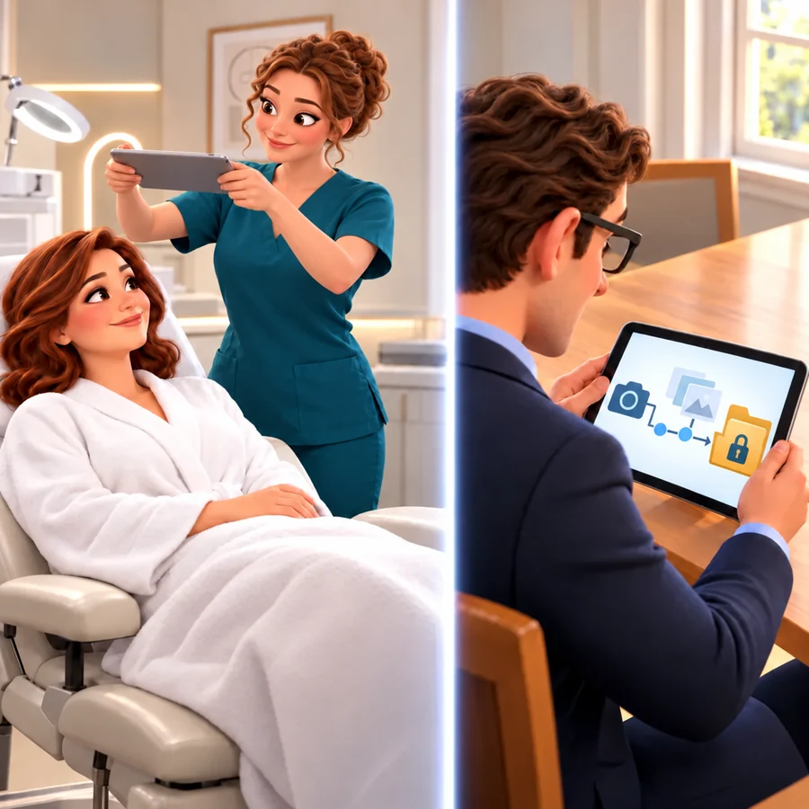 An aesthetician photographs a reclining client with a tablet while Trevor views a diagram linking a camera, photos and a locked folder on another tablet.