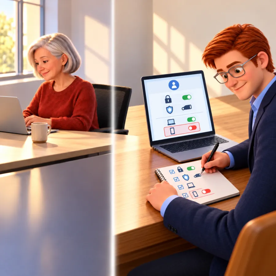 A woman uses her laptop while Jack notes security settings shown on his laptop, including a phone beside a red toggle.